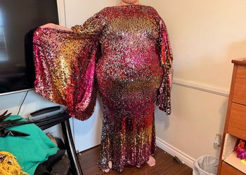 Multicolor Sequin Cape Sleeve Drag Gown | 24/26
