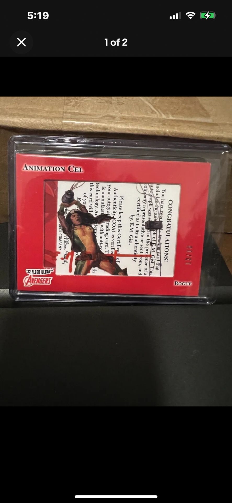 Marvel Fleer Ultra Avengers ‘22 Rogue Animation Cell Trading Card Signed By Artist E.M. Gist! 12/15!!!