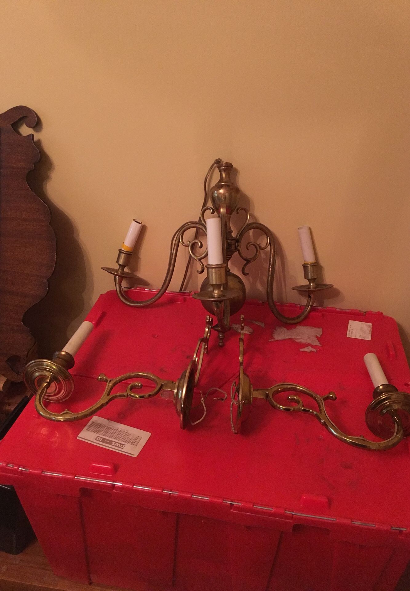 Pair of Solid brass wall sconces and chandelier