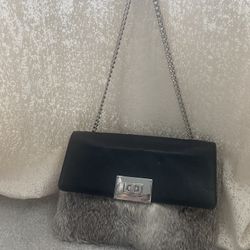 NEW-MICHAEL KORS SLOAN  BLACK GENUINE FUR+LEATHER+GOLD CLUTCH SHOULDER/HAND BAG