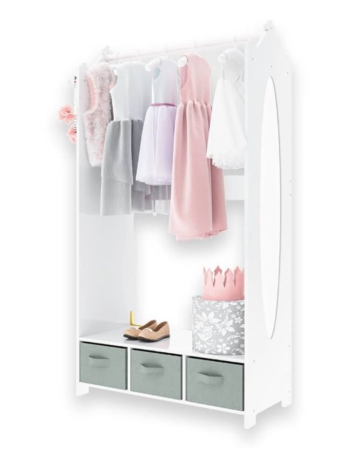 Dress Up Storage Kids Costume Organizer Center Open Hanging Armoire Closet Unit Furniture for Dramatic Play with Mirror Baskets and Hooks