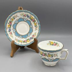 Vintage Crown Staffordshire Bone China LYRIC TUNIS Blue Tea Cup Saucer England