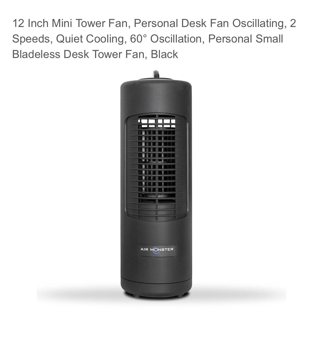 12 Inch Mini Tower Fan, Personal Desk Fan Oscillating, 2 Speeds, Quiet Cooling, 60° Oscillation, Personal Small Bladeless Desk Tower Fan, Black