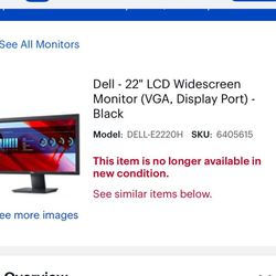 NEW IN BOX - Two (2) 22” Dell Computer Monitors For Sale