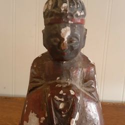 18th-19th Century Chinese Carved Ancestor Wooden Figure With A  Tiny Old White Scoll Hidden Inside The Back Of The Statue  7" Tall 
