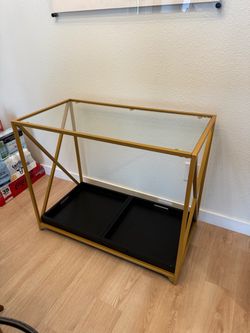 Gold Colored Metal Glass Top Console Table with Bottom Shelf