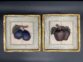 2 Kitchen Fruit 3-D Wall Ceramic Plaques 10" Apples Olives Heavy