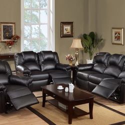 Brand New Black Leather 3pc Reclining Sofa Set