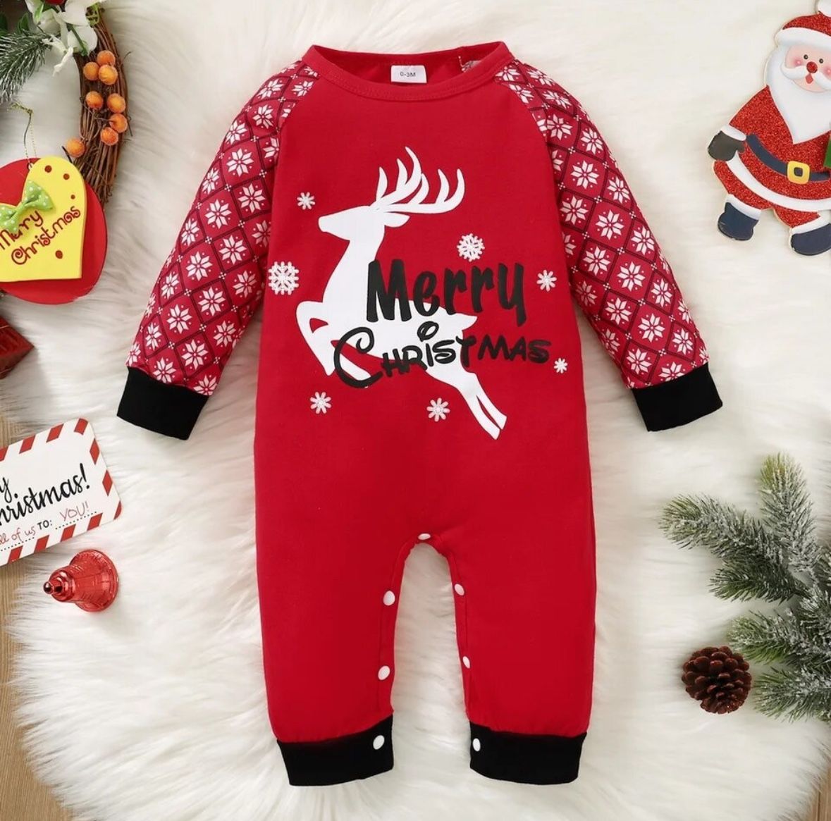 0-18 Months Baby Girl&Boy Christmas Romper Elk Print Snowflake Red Round Neck Long Sleeve Jumpsuit