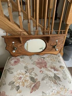 Solid Wood Decorative Shelf With Etched Glass And Beautiful Hooks