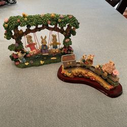 Vtg 3 Easter Bunny Rabbit Figurines On Tree Swing & Bunny Train