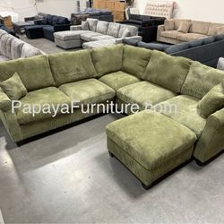 Green Sectional Sofa And Ottoman, Sage Sectional, Sectionals, Sofa, Couch, Living Room Sofa, Corduroy Sectional, Plush Sectional,Soft Plush Couch