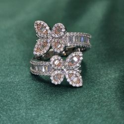 VVS D Moissanite Butterfly Wrap Ring TwoTone Baguette N Pavé 925 