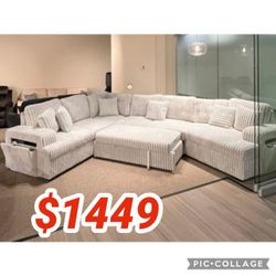 LIGHT SILVER RHF Fabric Half U-Shaped Pull Out Sectional Sofa w/ Storage Armrest w/ USB + Pillows 164.37 x 100.98 x 37.01 in. H