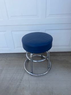 Rolling Shop Stool with Blue Padded Seat
