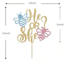 Gender reveal “he or she” bee theme cake topper