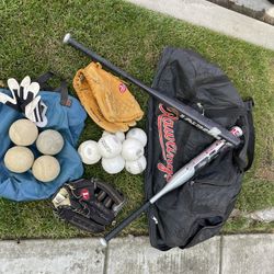 Two aluminum bats 32”& 34”inch. To write hundred gloves 14 inch and 13 1/2 inch. Bat and ball bag Six brand new and for used softballs