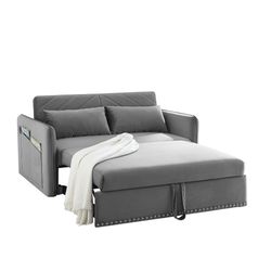 MH Sleeper Sofa Bed w/USB Port, 3-in-1 adjustable sleeper with pull-out bed, 2 lumbar pillows and side pocket, soft velvet convertible sleeper sofa be