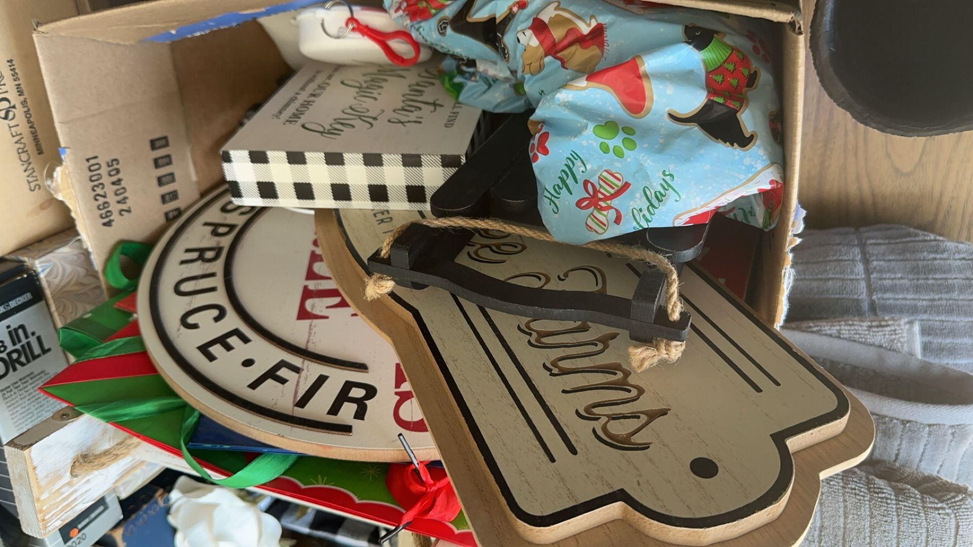 Box Of Christmas Decorations And Bags For Gifts (17)