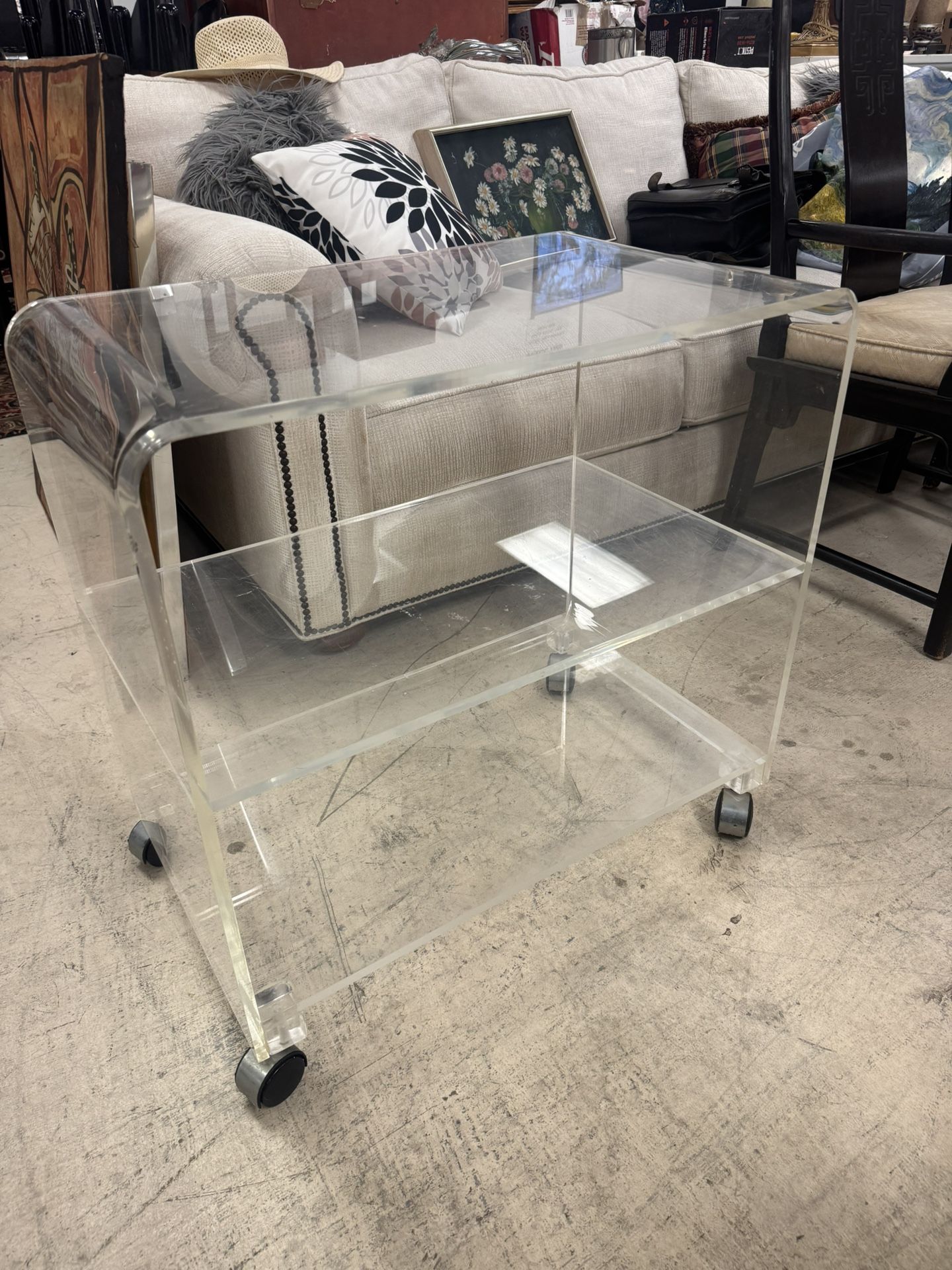 Vintage 1970's Lucite 3-Tier Rolling Waterfall Bar Cart - 27” x 16” - Retail: $395