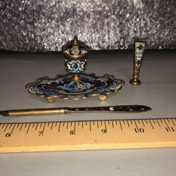 Vintage Clossione  Brass & Enamel Inkwell With Pen