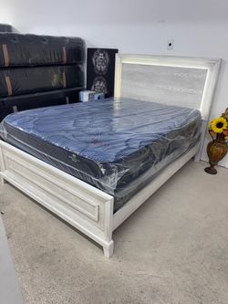 Queen LED Bed + Mattress + Boxspring $749 - White LED Headboard - Complete Set - Delivery Available