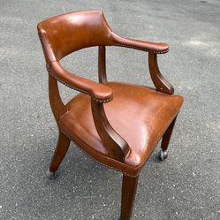 Antique Mid Century Wood Frame And Leather Accent Office Armchair Club Chair