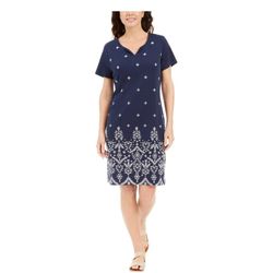 Karen Scott Embroidered Split- Neck Dress 
