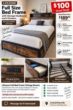 Lifezone Full Size Bed Frame with 4 Storage Drawers & Charging Station