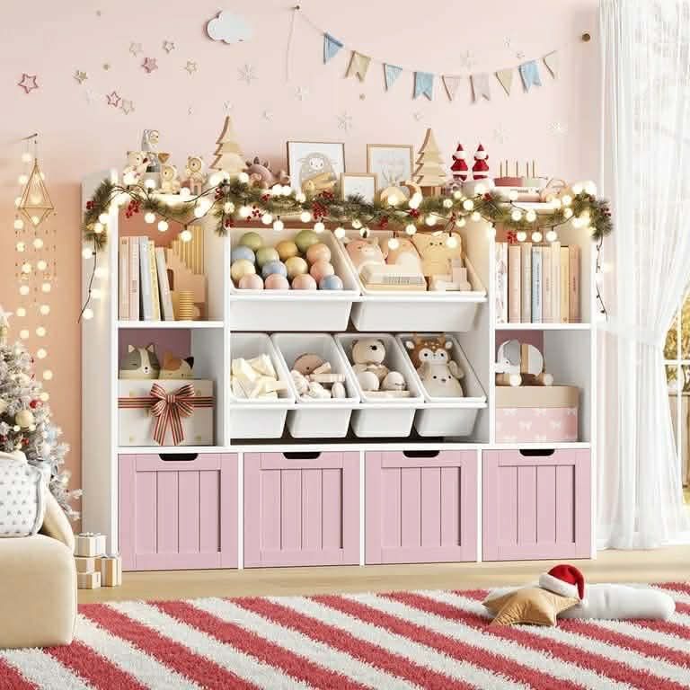 3 Tier Kids Bookcase with Toy Storage Organizer, Wood Toy Organizer of 6 Boxes & 4 Removable Drawers, Pink