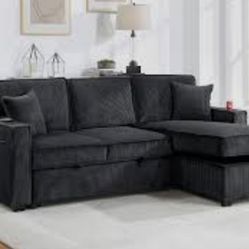 Beautiful 2-Pc Black Corduroy Sectional Sofa With Pullout Bed & Storage 