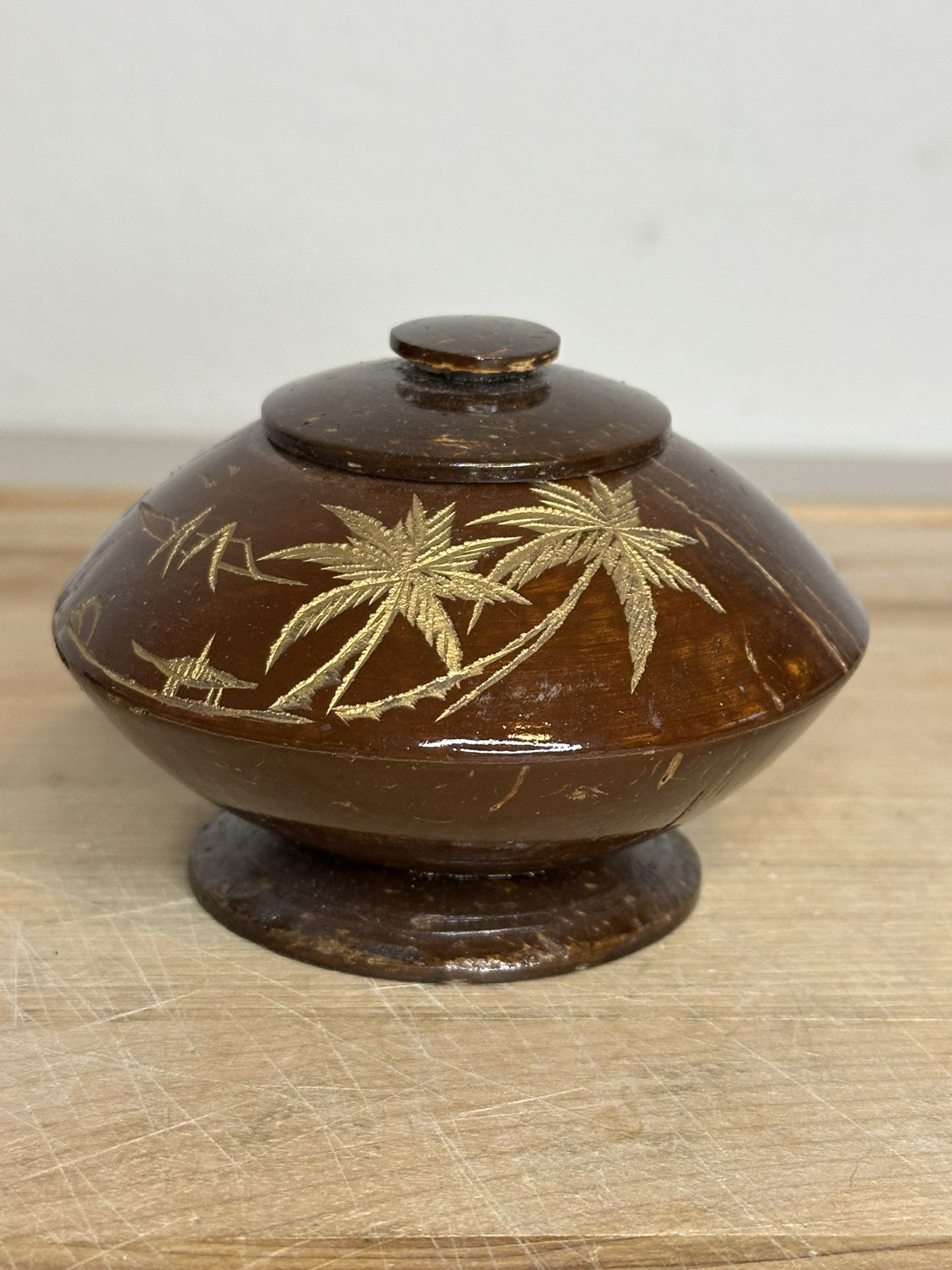 Vintage Coconut Shell Engraved Trinket Box With Lid - 3in X 4 1/2in