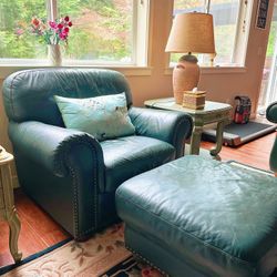 Made in Italy Forest Green Genuine Leather Armchair & Matching Ottoman - Solid Wood Frame, Ultra-Comfortable 