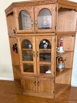 Oak Corner Display Cabinet with Glass Doors
