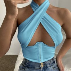 Sexy cut out backless crop halter top !!! (Sky blue)