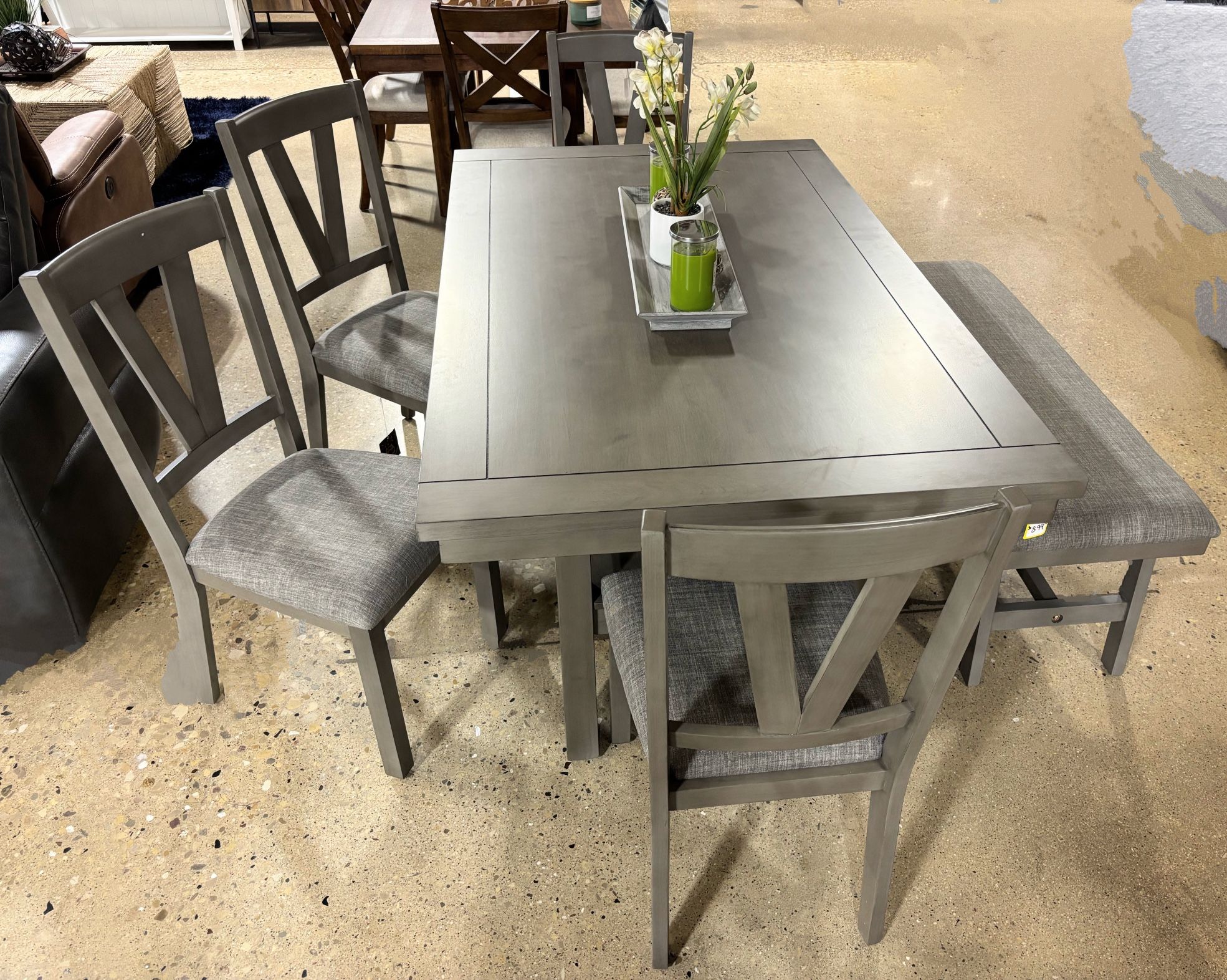 New 6 Piece Gray Dining Set with Bench Seating