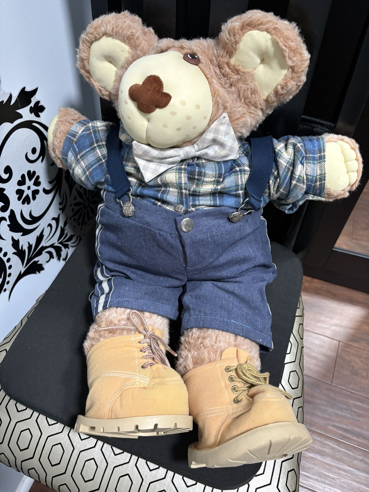Vintage 1984 Furkins Farrells Teddy Bear Plush Xavier Robert’s 22” Overalls, Bow tie