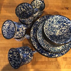 Blue And White Speckled Enamelware (6) Sets Plus Additional Pieces