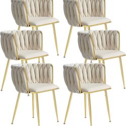 Velvet Dining Chairs Set of 6, Modern Upholstered Dining Room Chairs with Golden Metal Legs and Woven Backrest for Dining Room, Kitchen, Vanity, Livin