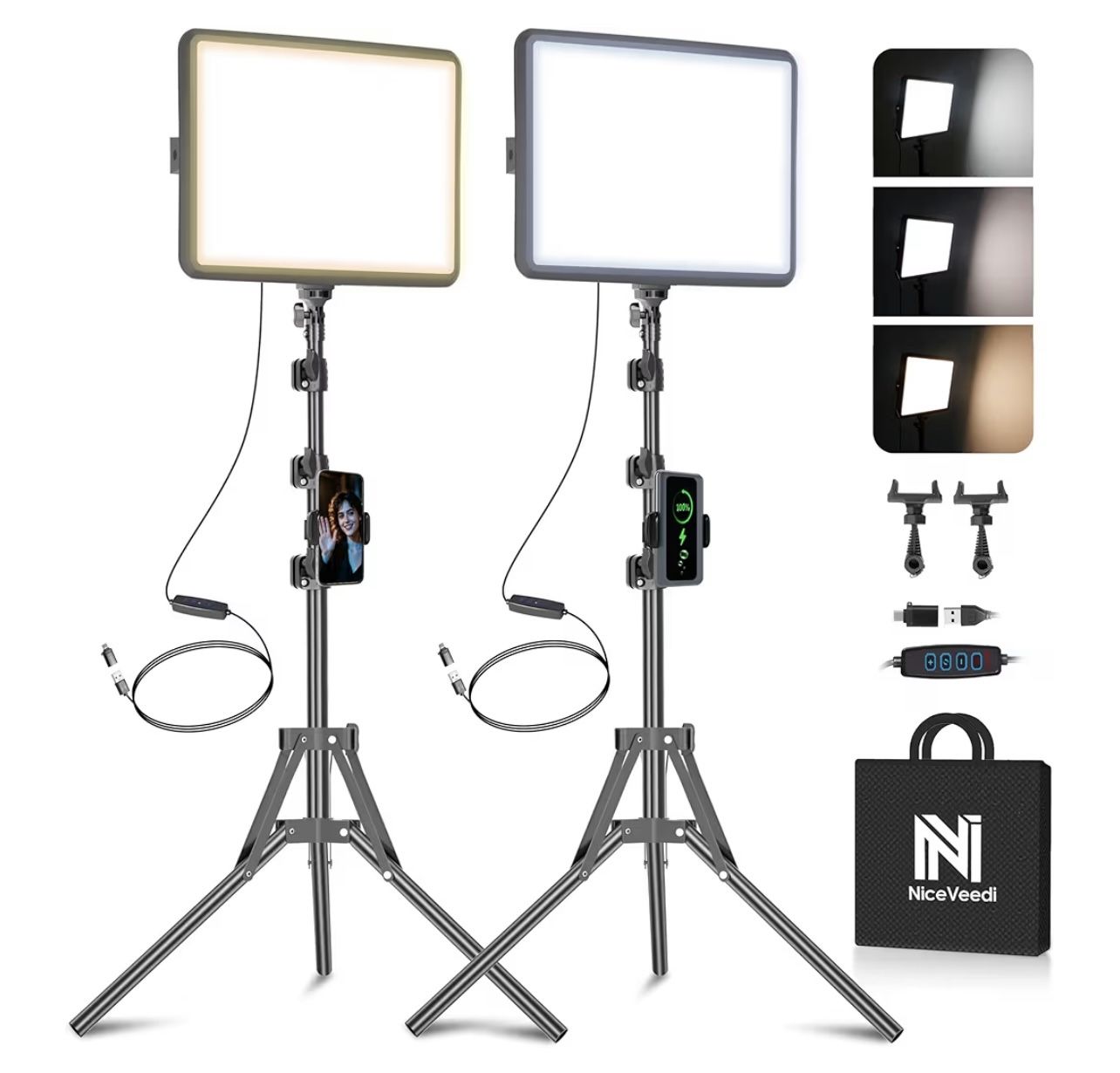 2 Pack LED Studio Light Kit, 2(contact info removed)K Dimmable with Tripod Stand&Phone Holder, 73" Stream Light