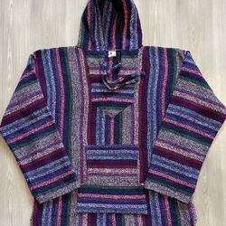 Mexico Artesanias Cuamatzi Baja Hoodie Boho Hippie Poncho Neon Bright  Mens XL