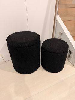 Black Boucle Round Ottoman Set of 2