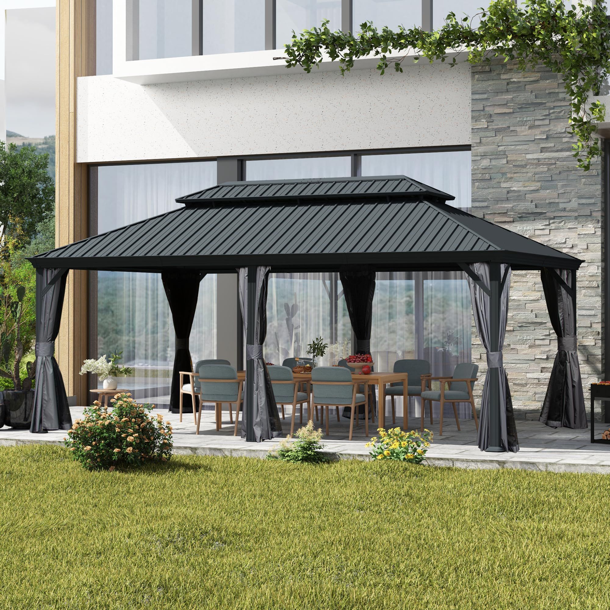 12' X 18' Hardtop Gazebo, Upgraded Metal Gazebo with Drainage System, Dual-Layer Galvanized Steel Roof, Curtain and Netting, Outdoor Shelter Canopy fo