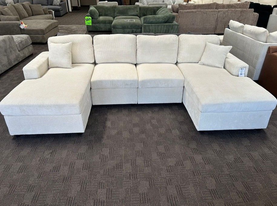 Ivory corduroy double chaise sectional sofa 