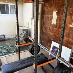 Weight lifting Rack, Bumper Plates, Bench, Bars
