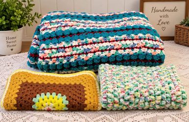 2 Handmade Crochet Afghan Blankets + Accent Rug - Set of 3