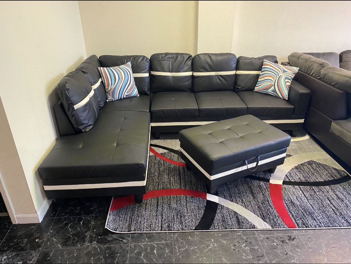 New Black And White Sectional Sofa Leather Couch Include Free Ottoman, And 2 Pillows 