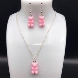 Pink Teddy Bear / Gummy Bear Jewelry Set- Includes Necklace and Earrings