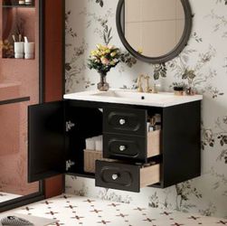 Black Bathroom Vanity with 3 Drawers and Cabinet Storage