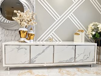 Modern Luxury White Marble & Silver 4-Door cabinet